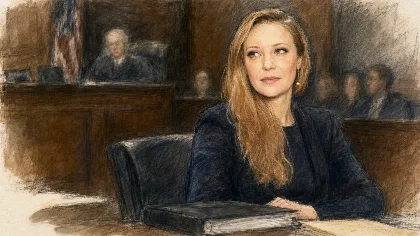 Illustration of Caroline Herrling in federal court during her fraud case.