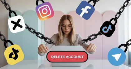 Woman at laptop pressing delete account button with chains and social app icons