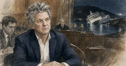 Courtroom illustration of Manrico Giampedroni during the Costa Concordia case, with the shipwreck shown in the background.