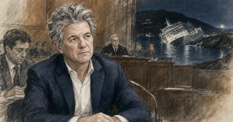 Courtroom illustration of Manrico Giampedroni during the Costa Concordia case, with the shipwreck shown in the background.