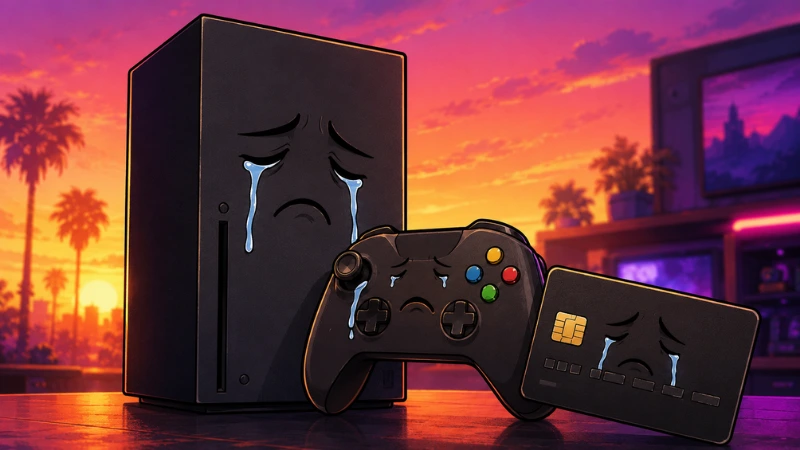 Why Xbox Still Needs Your Card Crying Xbox console, controller, and credit card showing preorder payment trouble.