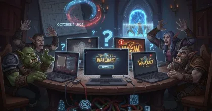 Warcraft heroes around a table of laptops, confused