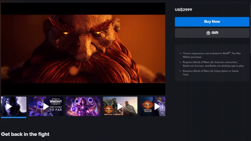 World of Warcraft Asking to buy again Battle.net page showing the WoW trailer strip and a Buy Now button