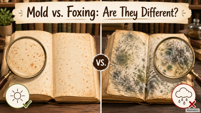 Old book yellow spots explained with foxing vs mold comparison illustration.
