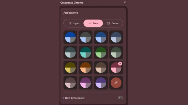 Chrome appearance settings with color theme grid