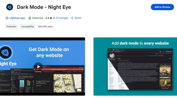 Night Eye dark mode extension on Chrome Web Store
