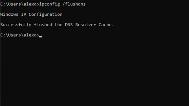 Windows command prompt showing ipconfig flushdns success message