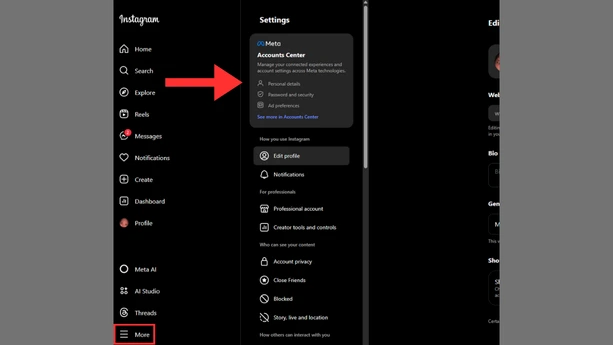 Instagram desktop settings with Accounts Center highlighted
