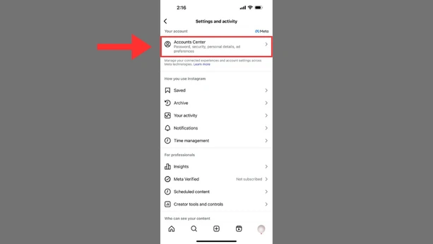 Instagram mobile settings with Accounts Center highlighted