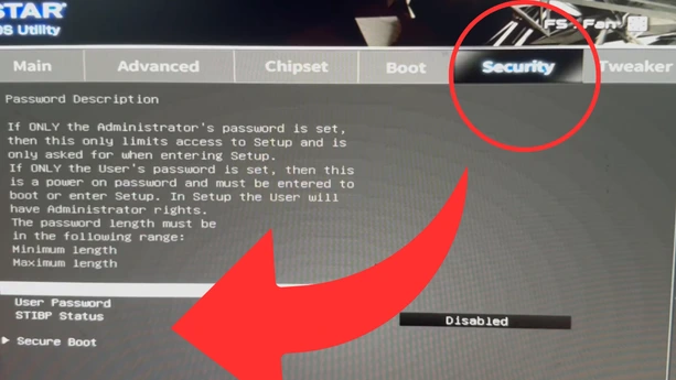 Bio biostar secure boot Biostar UEFI BIOS Security tab showing Secure Boot option