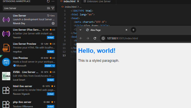 how to start live Server Live Server local site preview in browser showing hello world