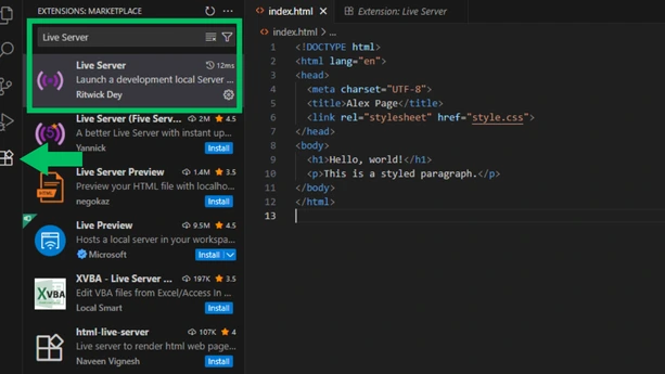 How to install line server VS Code extensions marketplace highlighting Live Server install