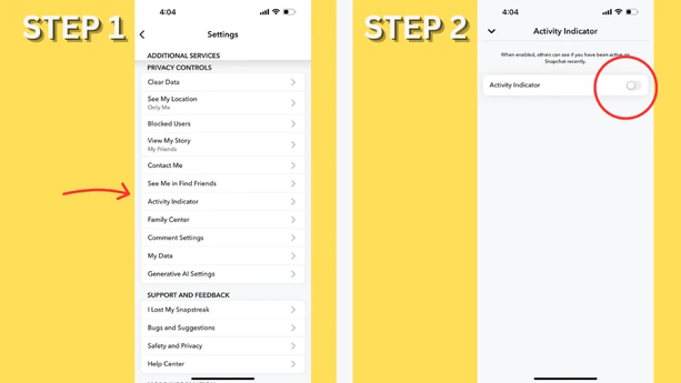 two iphone screenshots showing settings to turn off snapchat activity indicator
