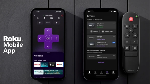 Roku mobile app on two phones with remote for TV control