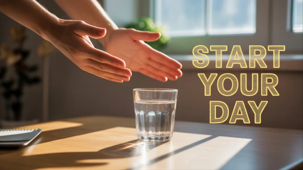 Starting the day with small actions like stretching and drinking water Unstuck start your day hands reaching toward a glass of water on a desk by a window