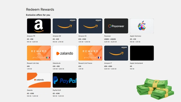 Swagbucks website rewards Swagbucks rewards redemption options showing Amazon gift cards, PayPal cash, and various retailer gift cards with SB point values