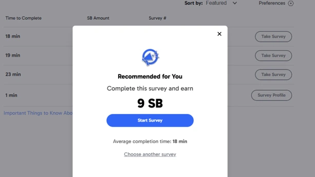 Swagbucks survey from website Swagbucks survey recommendation popup showing 9 SB points reward with 18 minute completion time