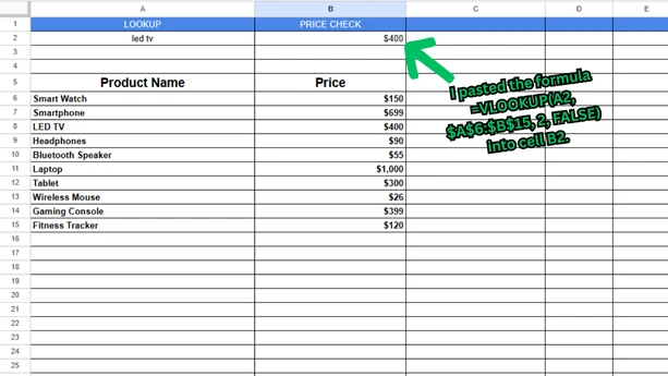 VLOOKUP formula example demonstrating price check function for product database
