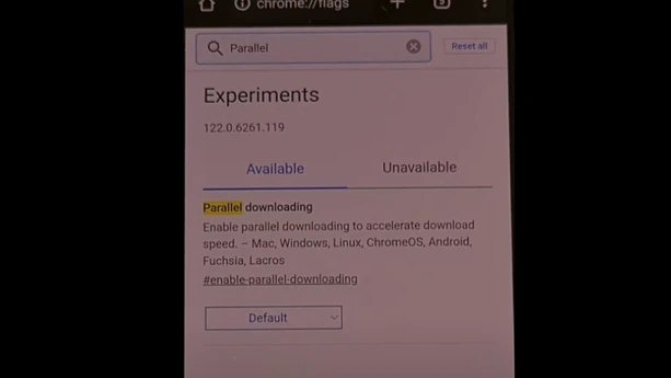 Parallel downloading android settings Android Chrome experiments page showing parallel downloading feature in settings